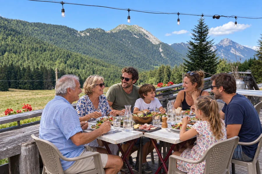 Réunion de famille autour d’un déjeuner en terrasse face aux montagnes